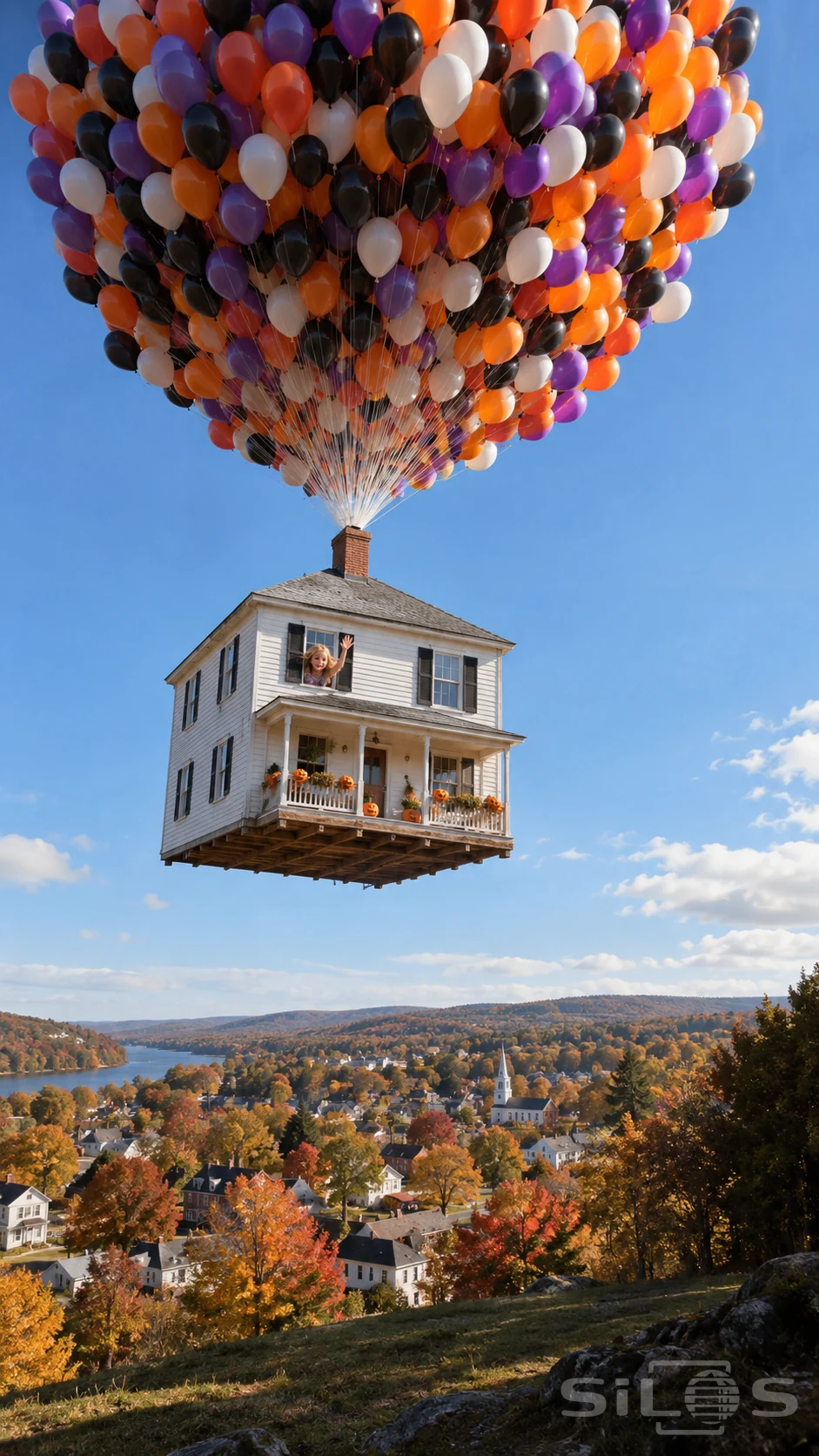 A white cottage hangs beneath Halloween balloons above an autumn town while a girl waves from an upstairs window.