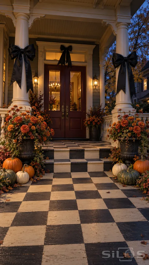 Checkerboard porch squares lead to a red doorway framed by black bows with orange dahlias and pumpkins beside the steps.
