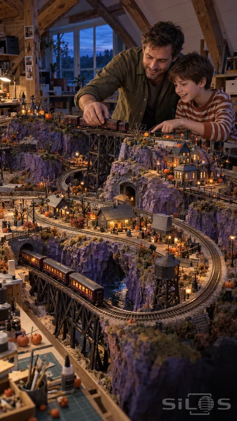 A father and son adjust a miniature Halloween railway with lit houses; purple cliffs and wooden bridges across an attic workbench.