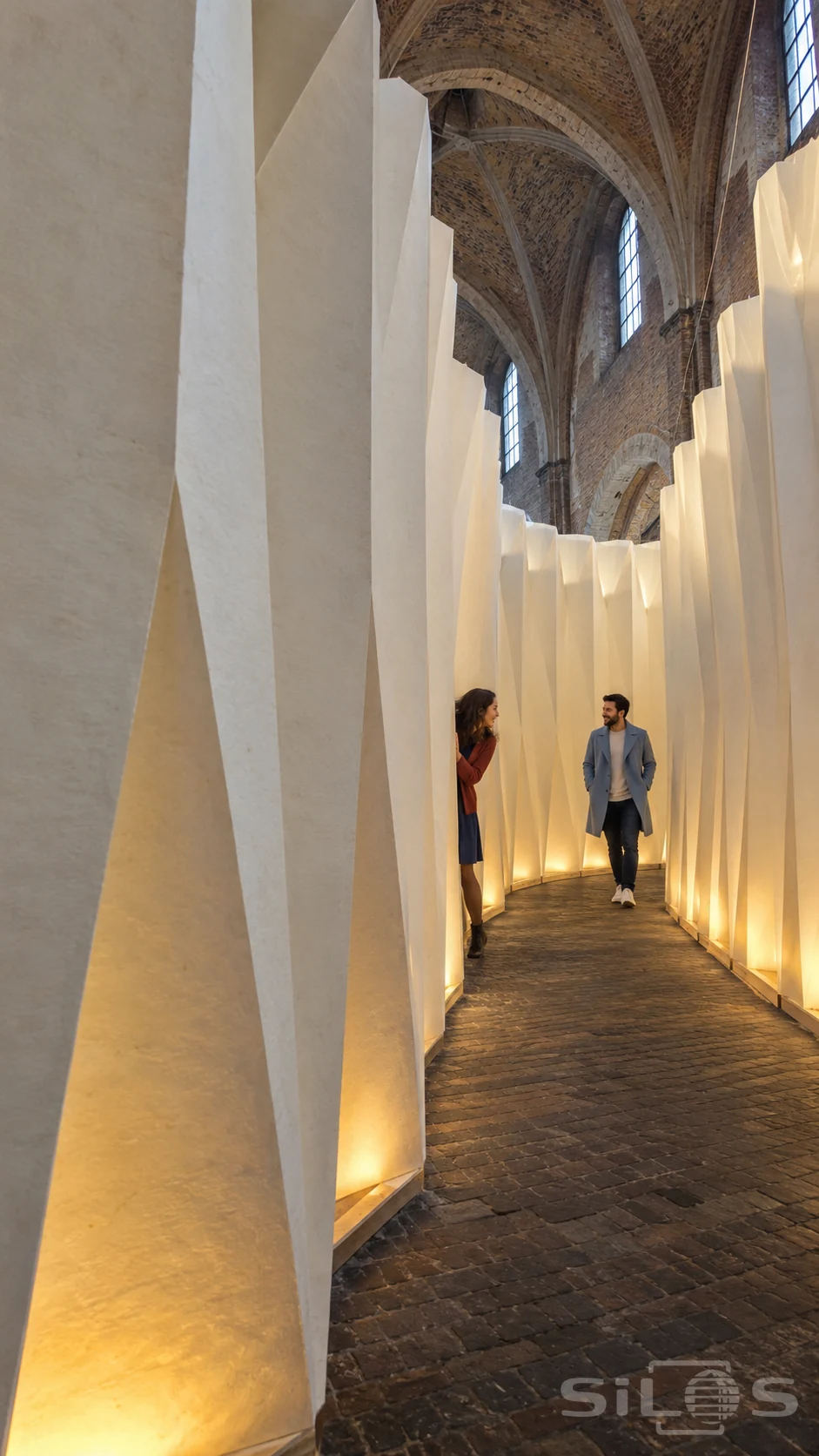 Two adults exchange a playful glance inside a paper canyon formed by tall illuminated pleated walls beneath a brick vault.
