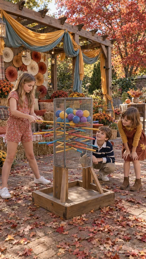 A garden ball drop holds three siblings in suspense as a girl pulls a yellow rod from a mesh cage beneath an autumn pergola.
