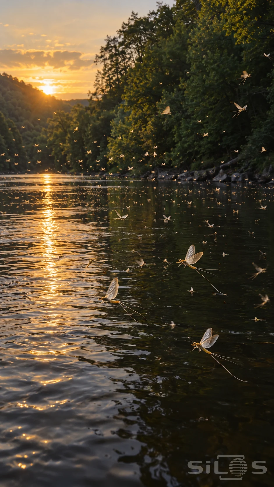 Mayfly swarm with translucent wings and long tail filaments over a river in golden evening light.