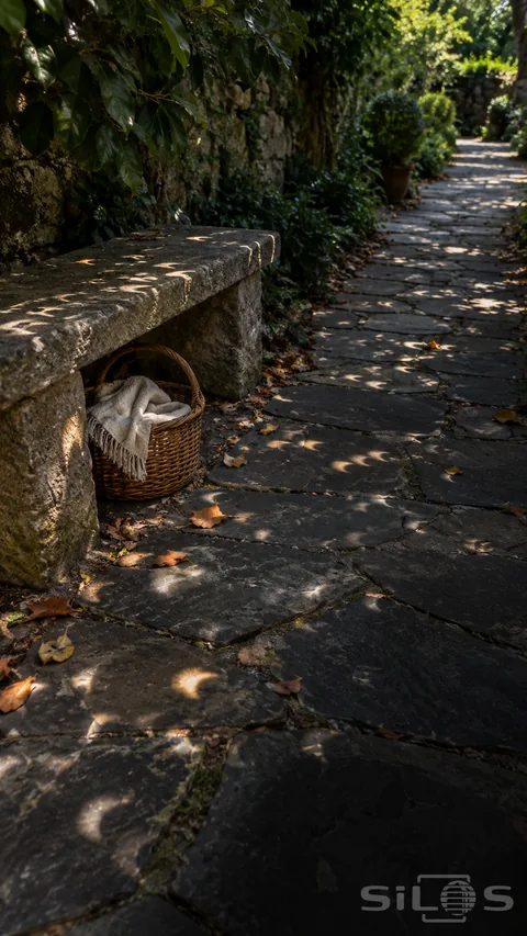 Crescent light path with small curved patches across dark slate paving and a stone bench beside a wicker basket and leafy wall.