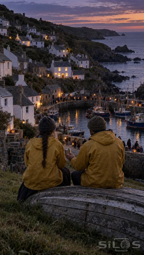 Two people in yellow coats sit on an upturned boat above a fishing harbour where lanterns and cottage windows glow at dusk.