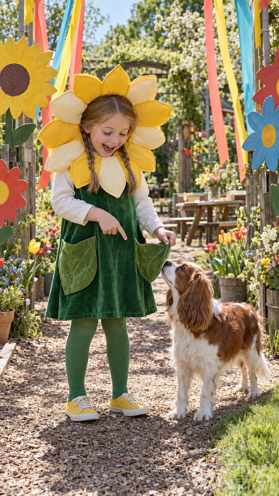 A girl in a sunflower costume laughs at a chestnut-and-white spaniel sniffing the leaf pocket of her green velvet tunic.