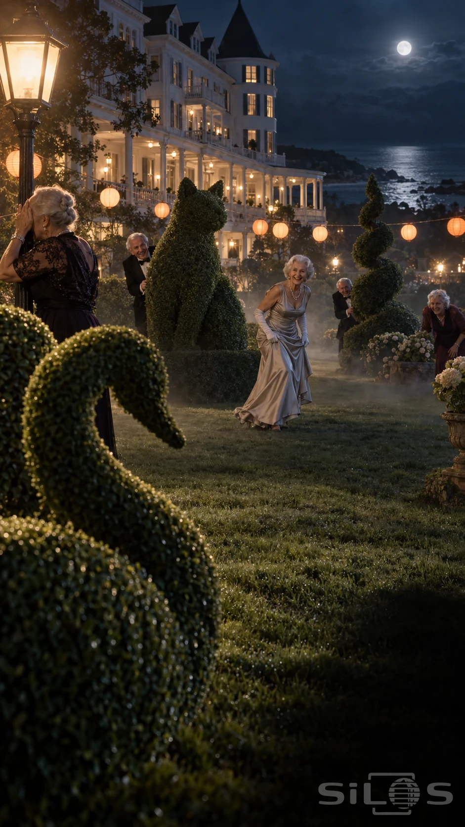 Five laughing elders play hide-and-seek among swan, cat and spiral topiary outside a warmly lit seaside hotel.
