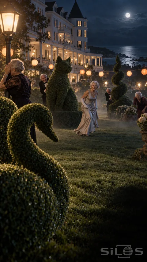 Five laughing elders play hide-and-seek among swan; cat and spiral topiary outside a warmly lit seaside hotel.
