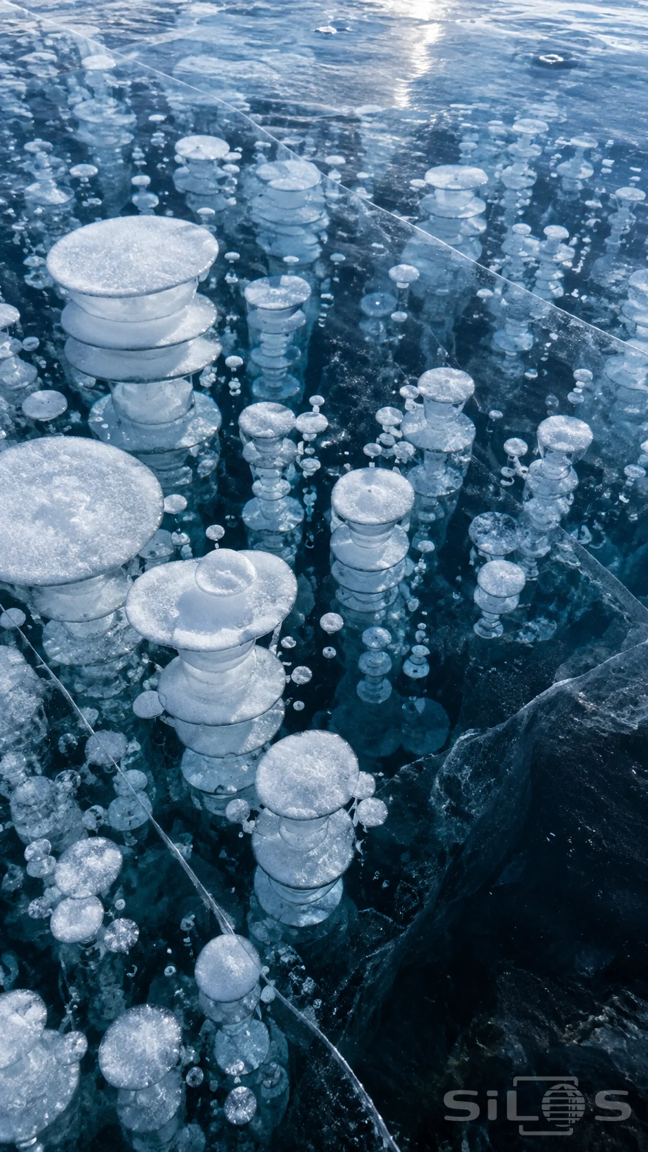 White bubbles form stacked round layers inside clear blue lake ice, crossed by fine cracks and a faint reflected light streak.