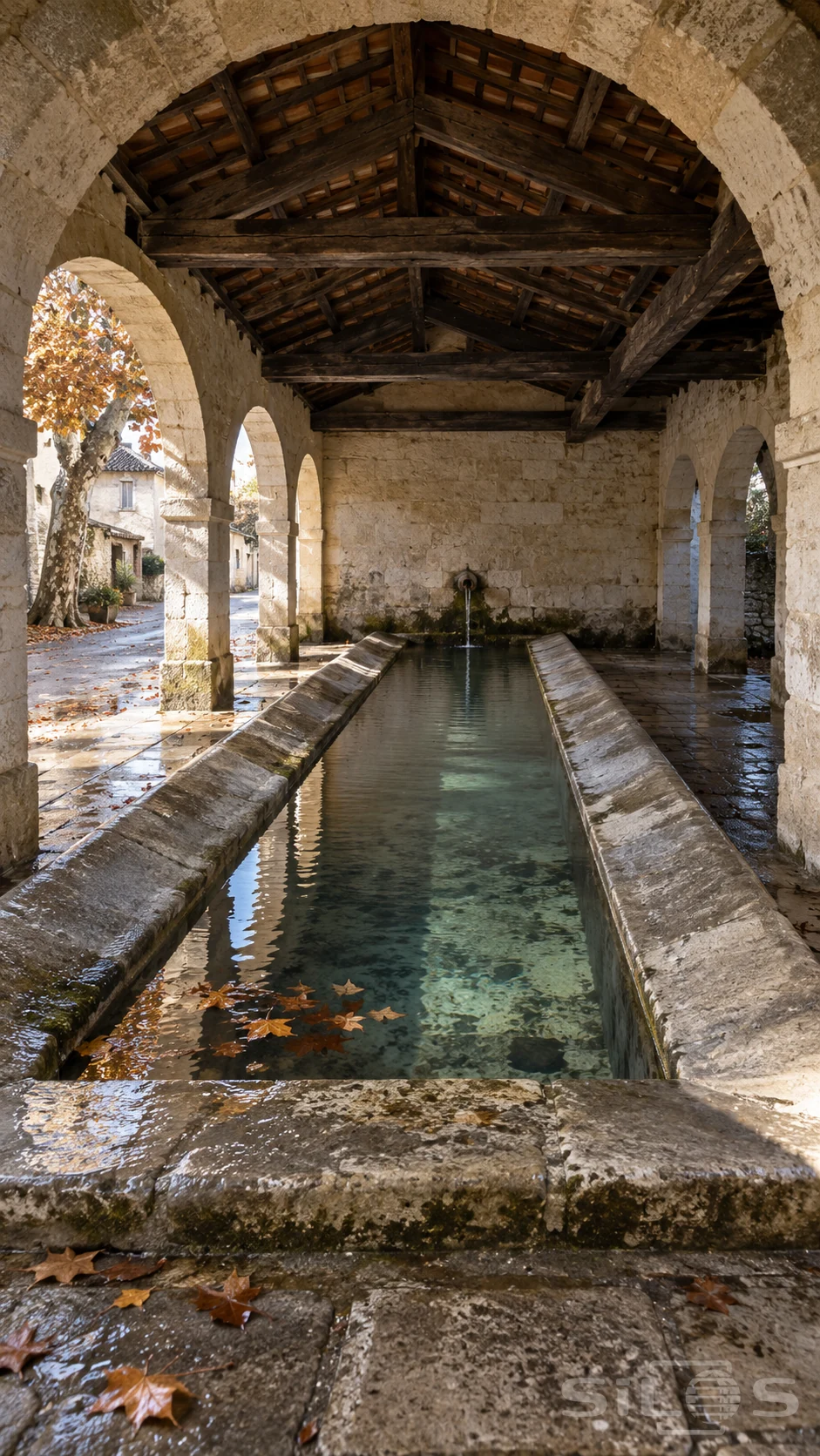 Clear water and fallen plane leaves in a long stone washhouse basin beneath timber rafters and pale stone arches.