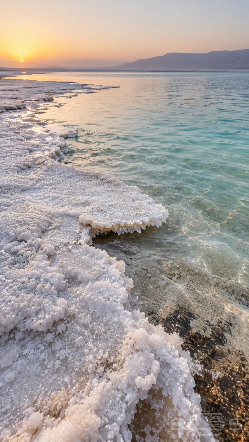A white salt crust forms a broken crystalline edge above clear shallow water beneath a pale sunrise and distant hills.