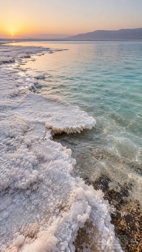 A white salt crust forms a broken crystalline edge above clear shallow water beneath a pale sunrise and distant hills.
