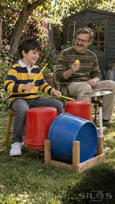 A boy plays a red and blue bucket drum kit while his father keeps time with a yellow shaker in a leafy backyard.