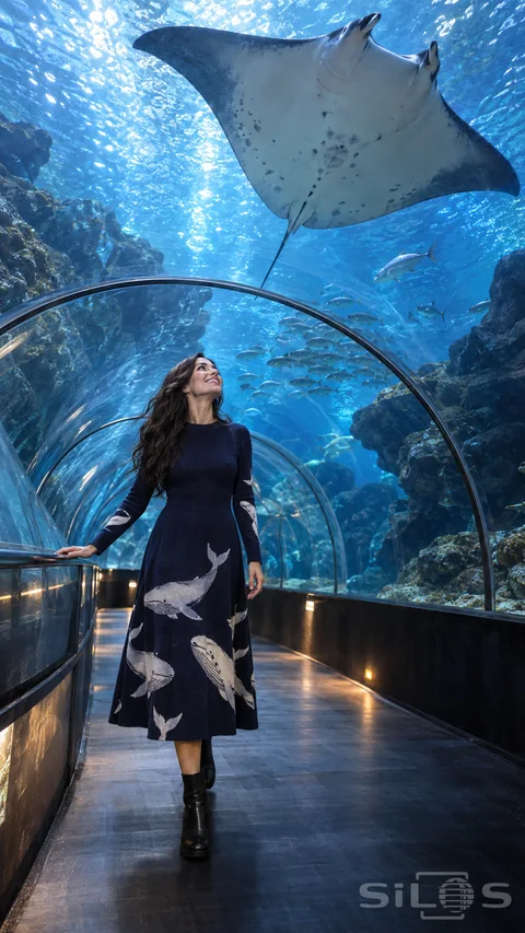 A woman in a navy whale knit dress looks up at a ray swimming above a curved aquarium tunnel.