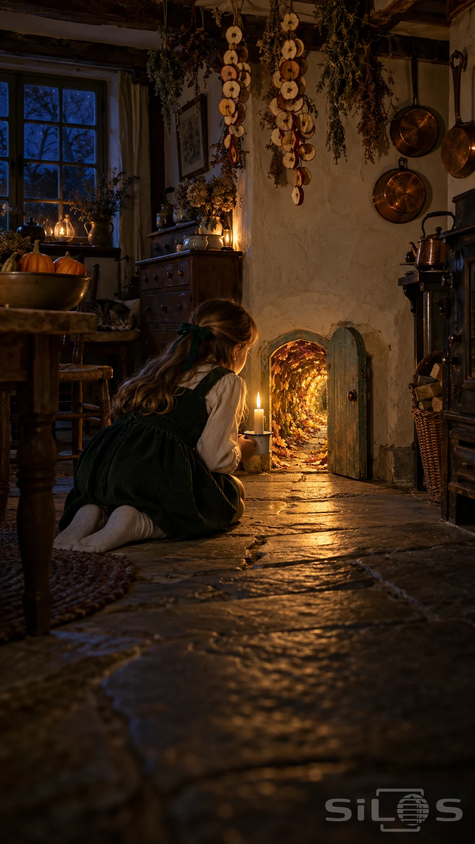 A girl in a green pinafore kneels with a candle beside a tiny open kitchen door leading into a glowing tunnel of autumn leaves.