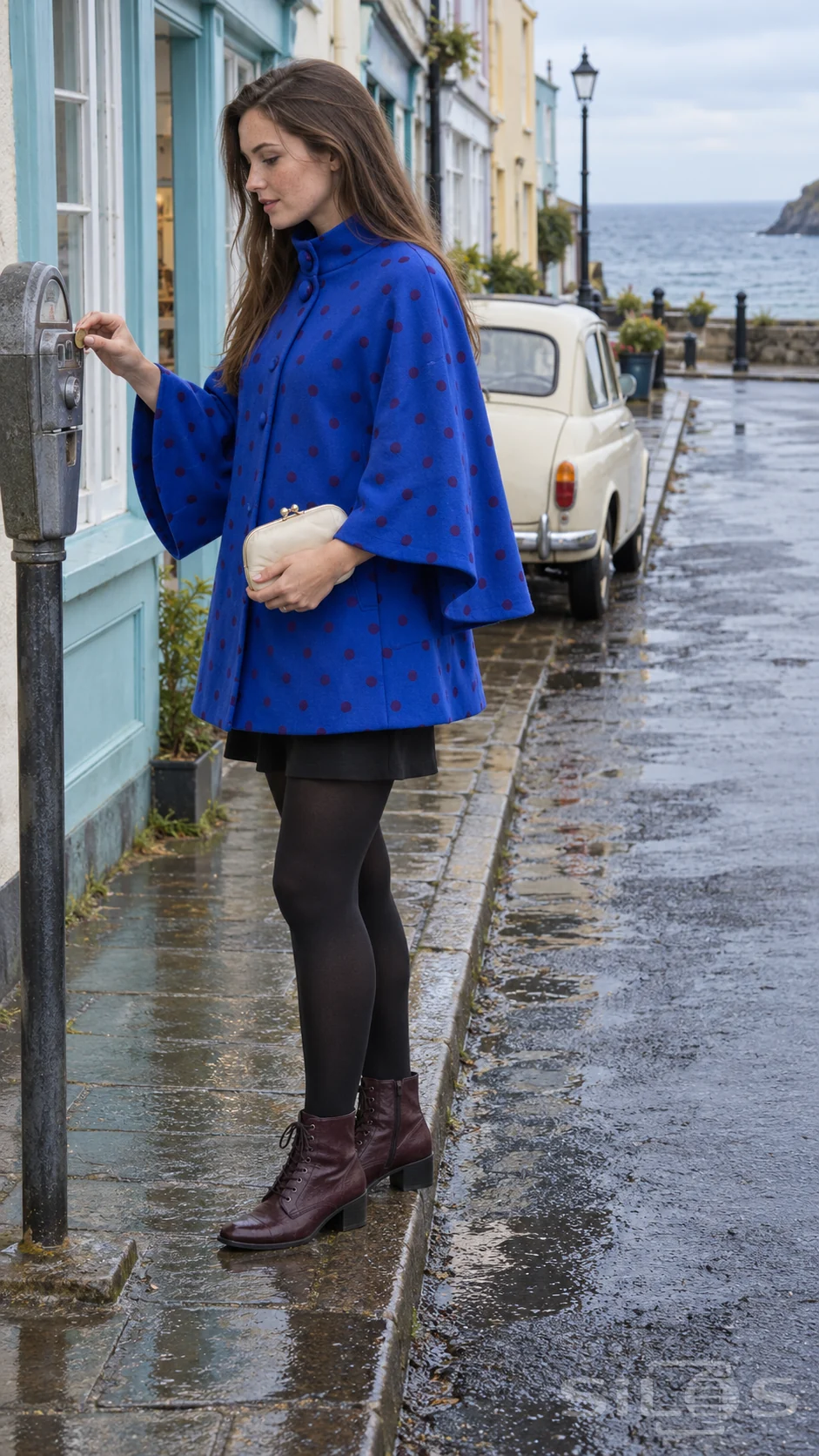 A woman in a cobalt polka dot cape puts a coin into a mechanical parking meter beside a cream car on a wet seaside street.