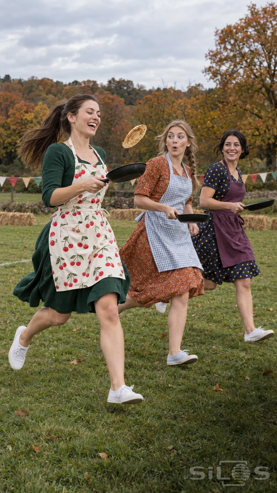 Pancake race with three women running across a village green in patterned aprons, one flipping a pancake above a black pan.
