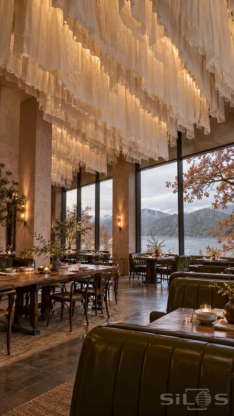 Ragged ivory paper sheets hang above timber restaurant tables and olive booths beside tall windows overlooking an autumn lake.
