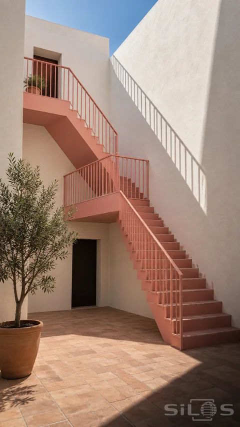A pink staircase rises and turns at a landing in a white courtyard; casting railing shadows above terracotta paving.