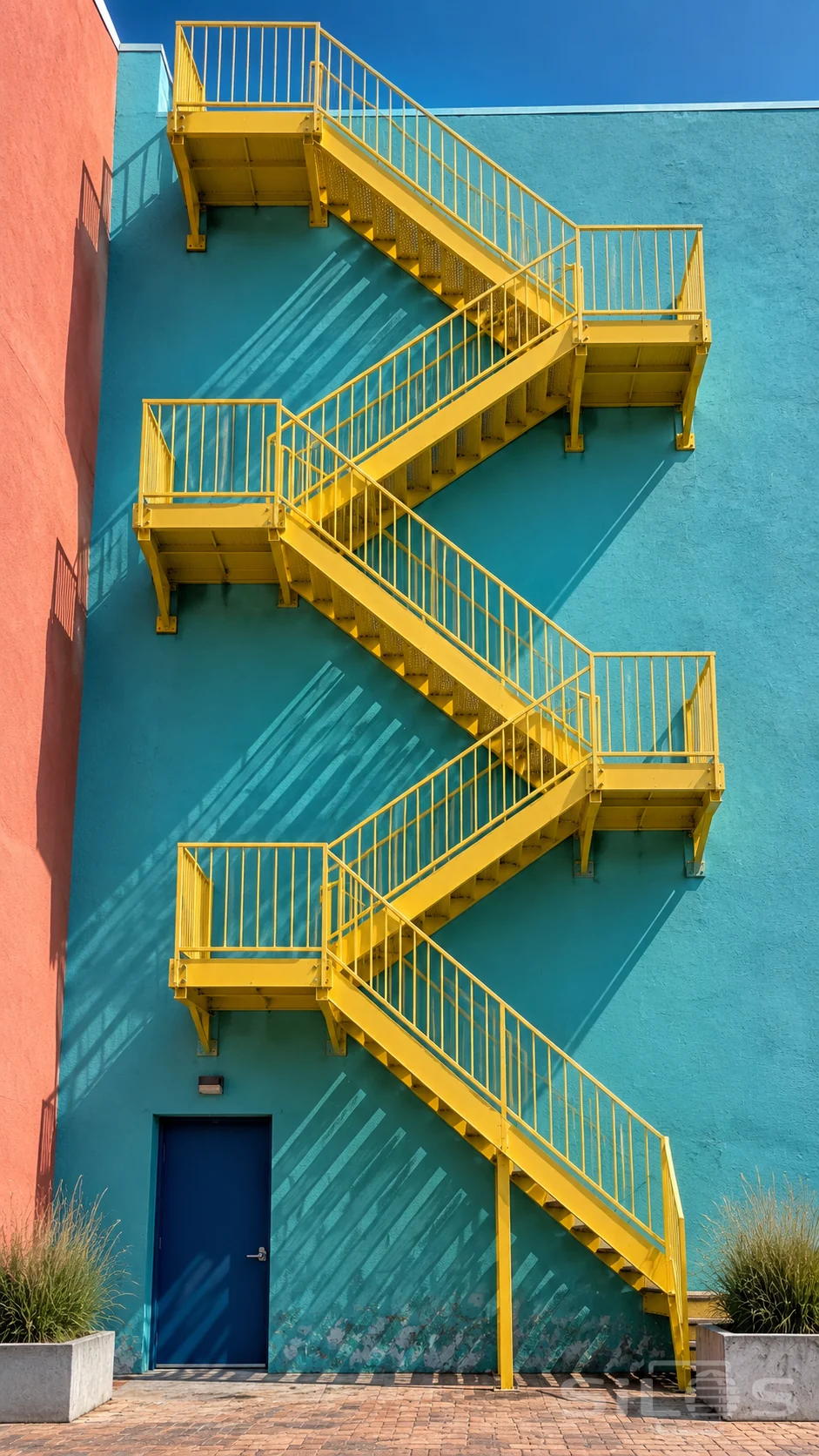Yellow switchback stairs climb a turquoise wall with sharp steel railing shadows above a dark blue door and empty brick courtyard.