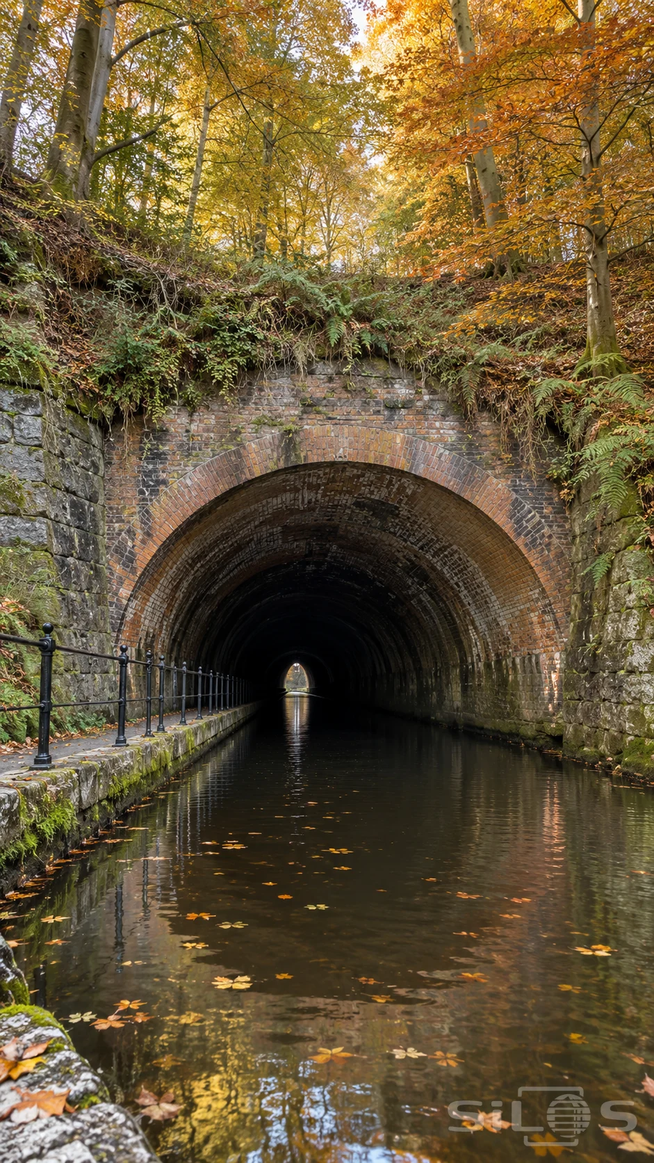 A canal tunnel passes beneath autumn woods through a broad brick arch beside a narrow railed towpath.