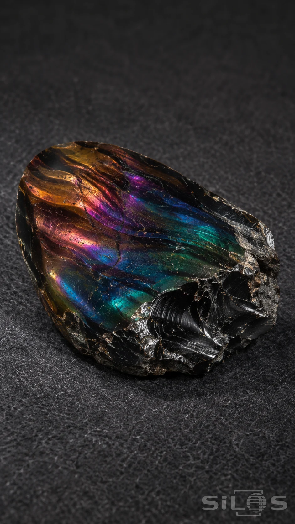 Fire obsidian rests on charcoal felt with luminous color bands and a dark curved fracture edge in soft angled light.