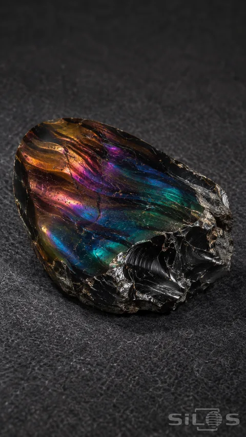 Fire obsidian rests on charcoal felt with luminous color bands and a dark curved fracture edge in soft angled light.