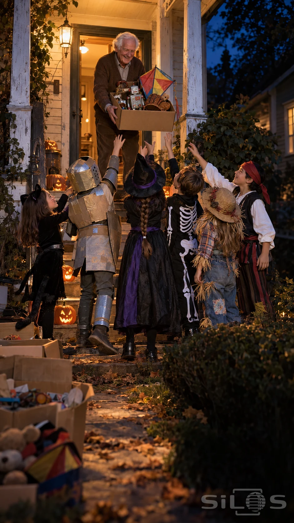 A smiling elderly man holds a box of toys toward six children in homemade costumes on pumpkin-lit front steps.