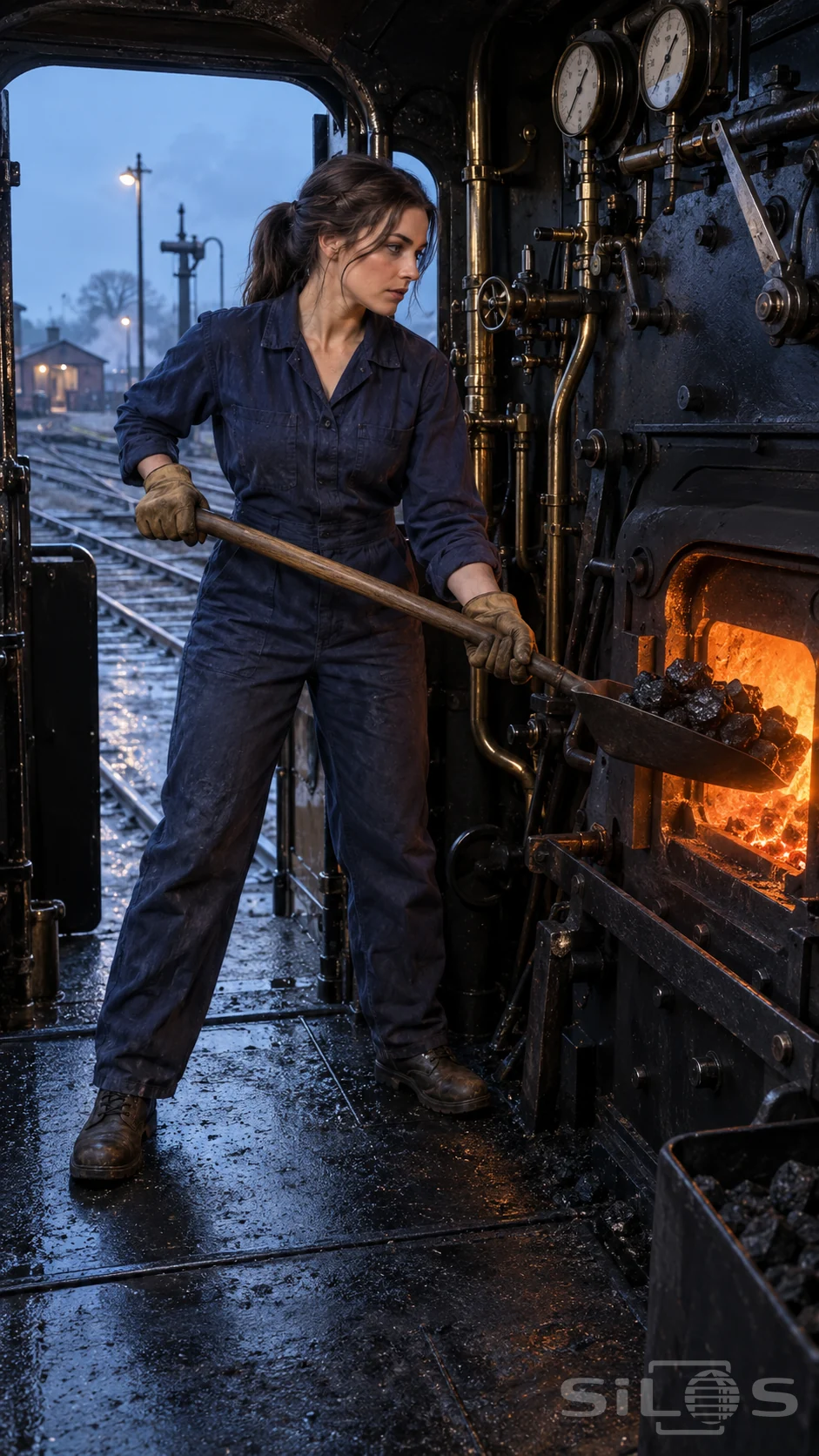 A woman in indigo coveralls guides a coal shovel toward a glowing locomotive firebox inside a dark engine cab.