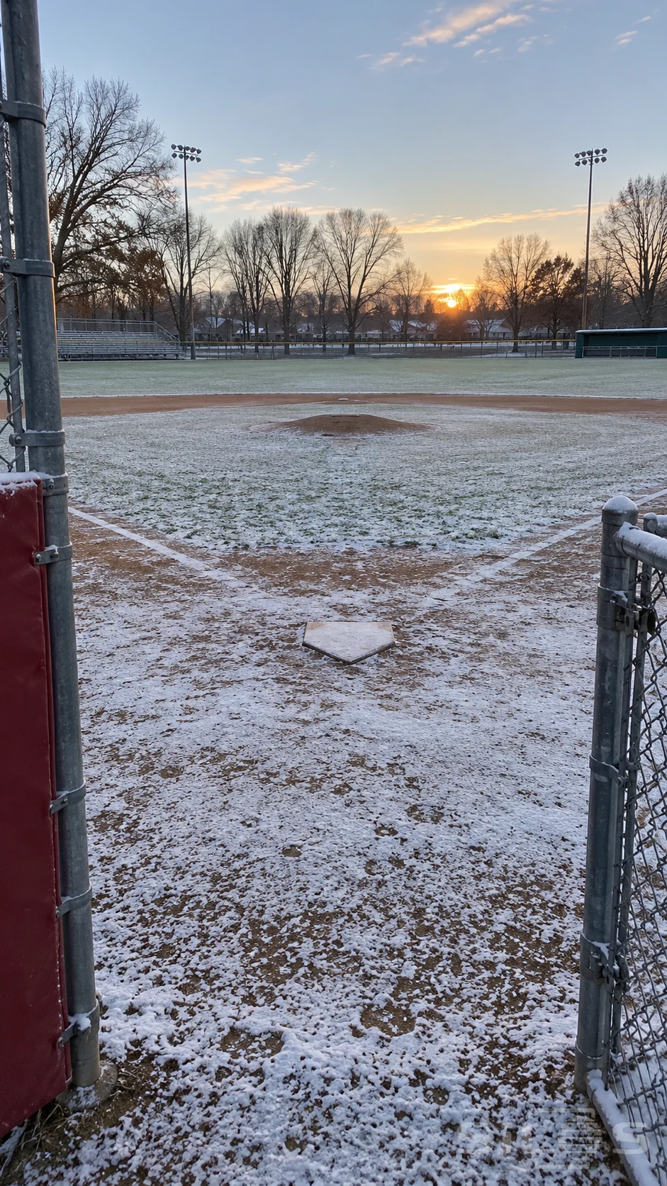 A snowy ballfield stretches from home plate to a low pitching mound beyond an open backstop gate at sunrise.