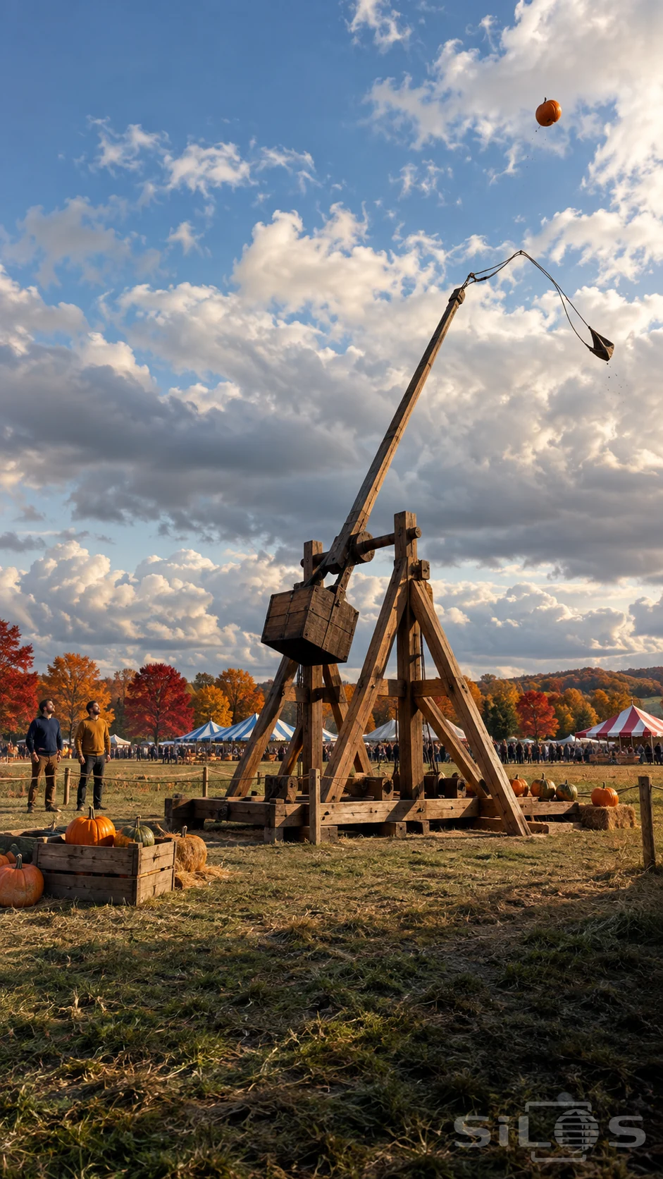 A pumpkin launch with one orange pumpkin above a timber frame and trailing fabric sling, watched by a small crew beside an empty autumn field.