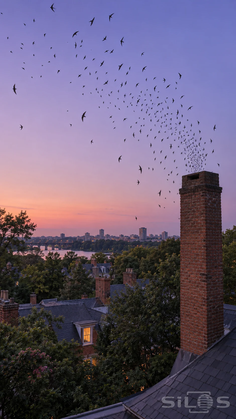 Chimney swifts form a loose arc across violet dusk above a brick chimney and slate rooftops overlooking a distant river.