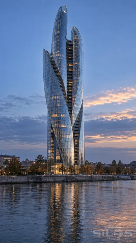 A tall tower of three curved glass blades stands beside a river at dusk; with dark balconies exposed between the glass surfaces.
