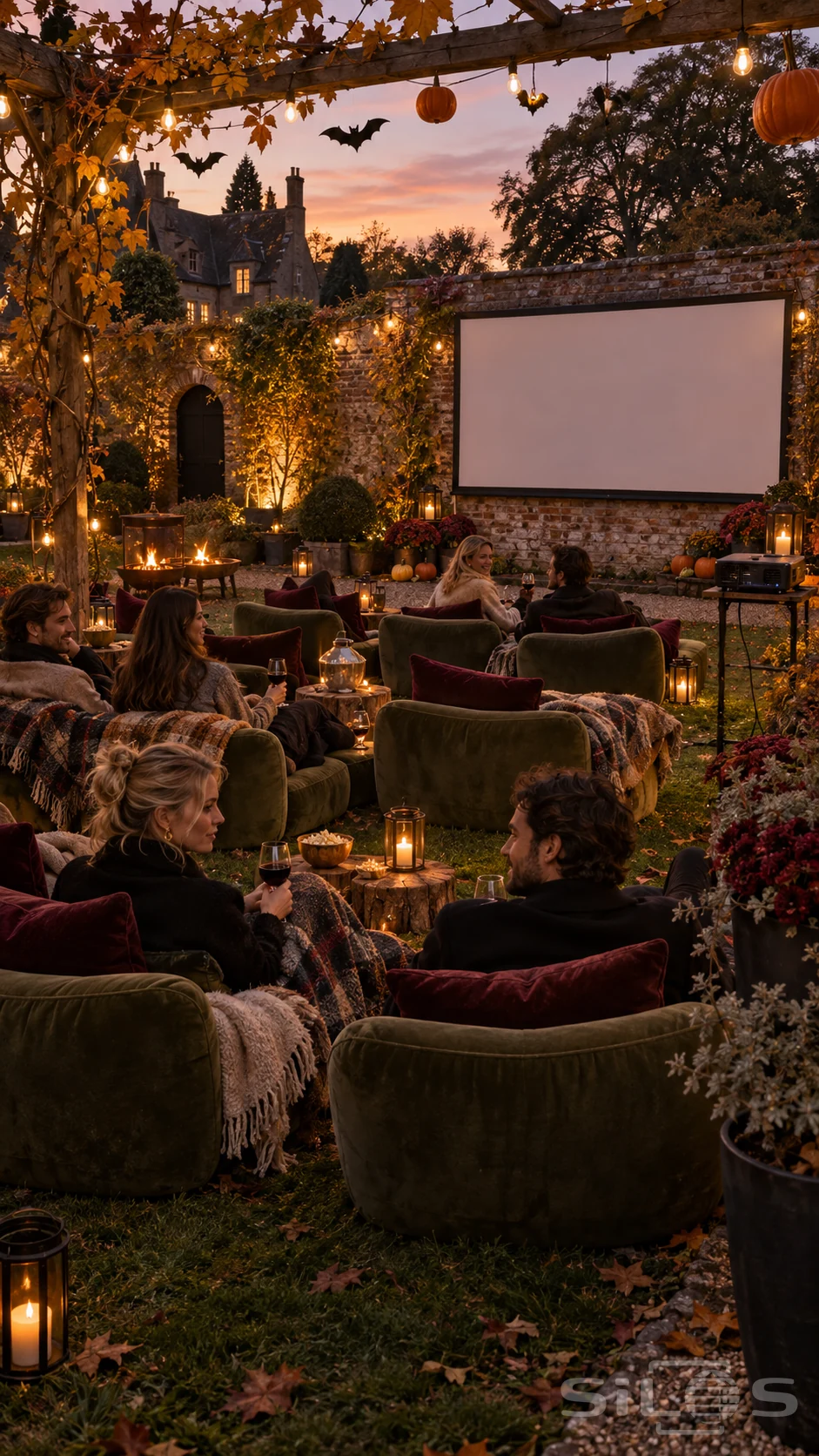 Six adult friends sit in green lounge chairs at an October garden cinema beneath paper bats and string lights.