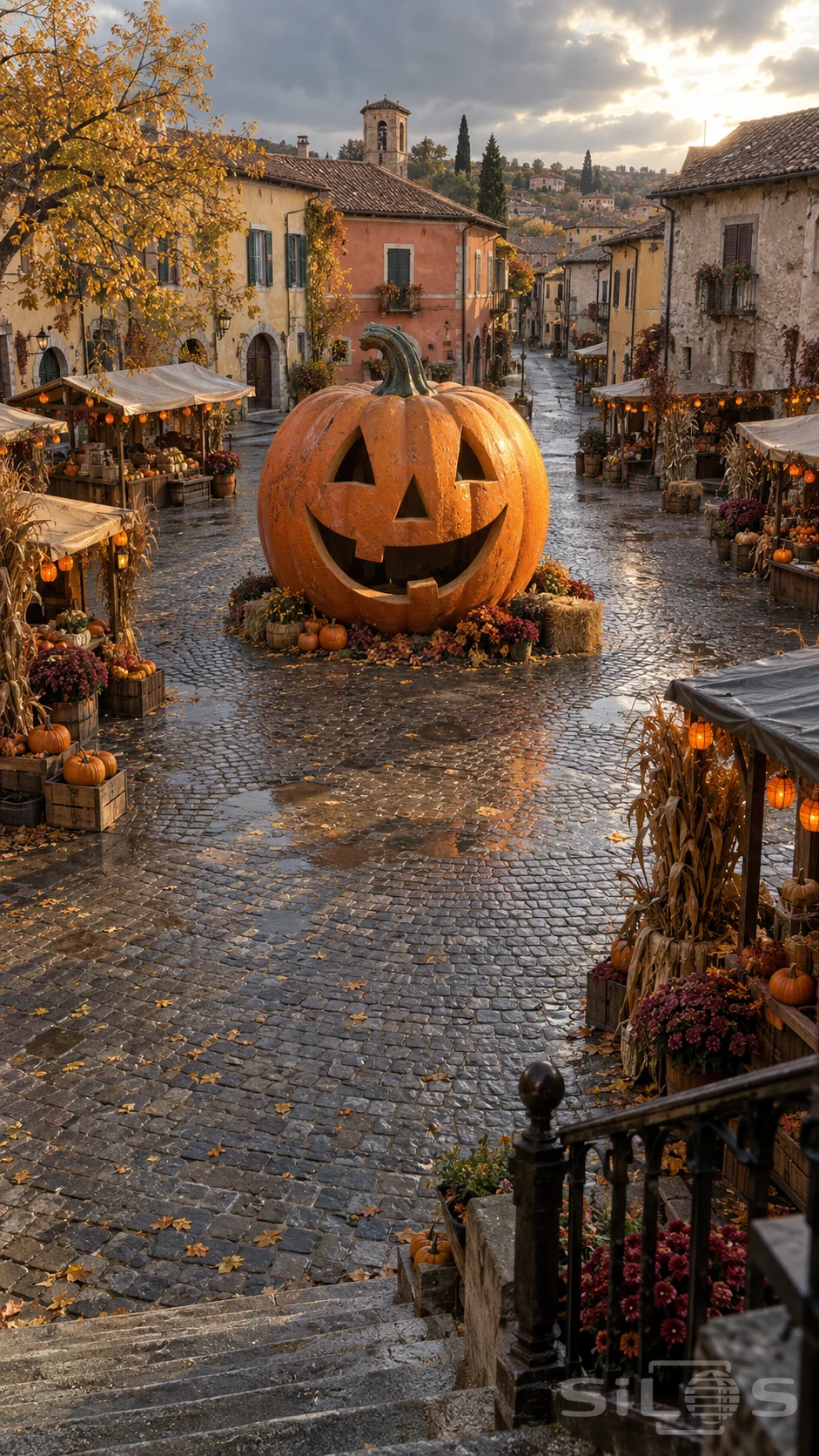 An enormous orange jack-o-lantern in an empty wet market square surrounded by harvest stalls and old ochre buildings.