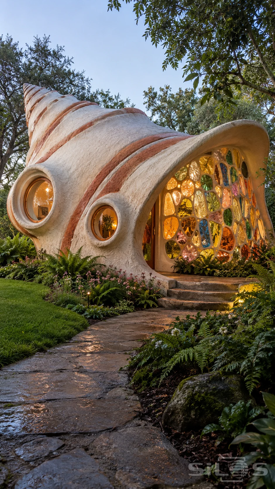 Cream and terracotta shell-shaped house with circular windows and a glowing colored-glass entrance wall in a leafy garden.