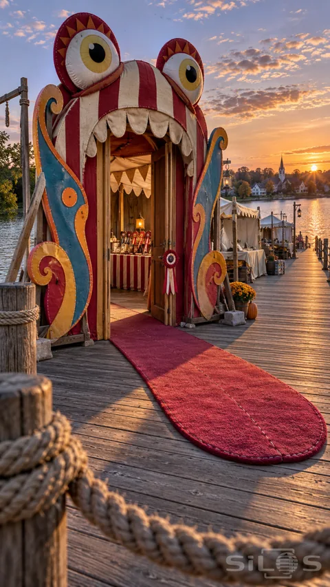 A giant striped monster door stands ready for Halloween prize-giving on a decorated lakeside dock.