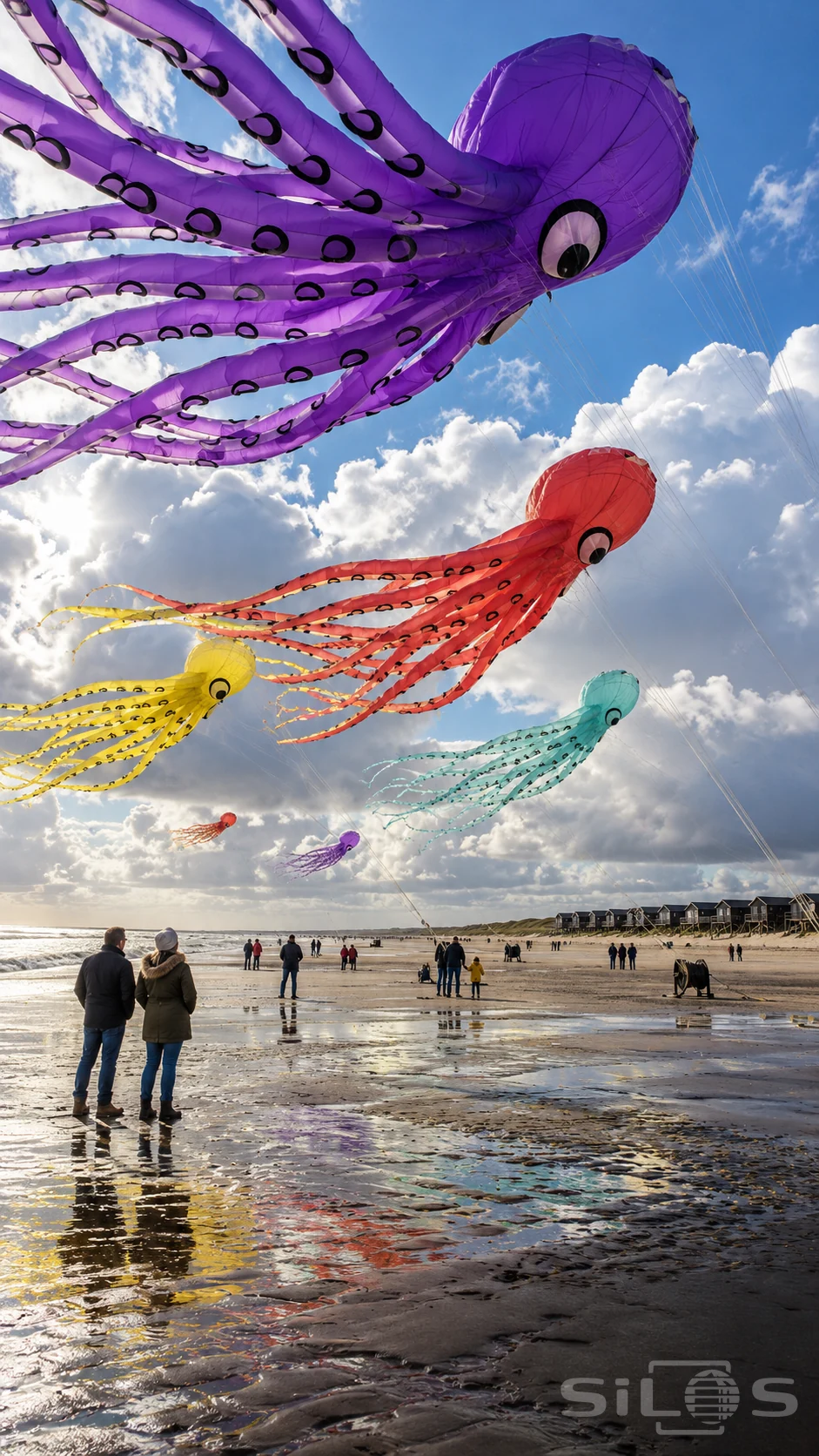 Giant red, yellow, violet and turquoise octopus kites fly above a broad beach with small spectators on the wet sand.