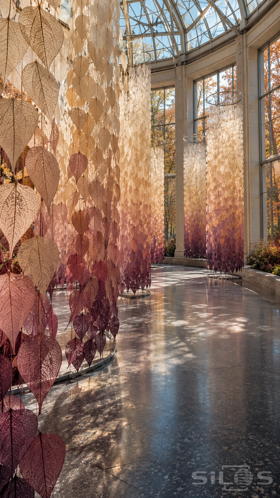 Tall curtains of translucent heart-shaped leaf skeletons fade from cream to plum beneath the glass roof of a sunlit garden hall.