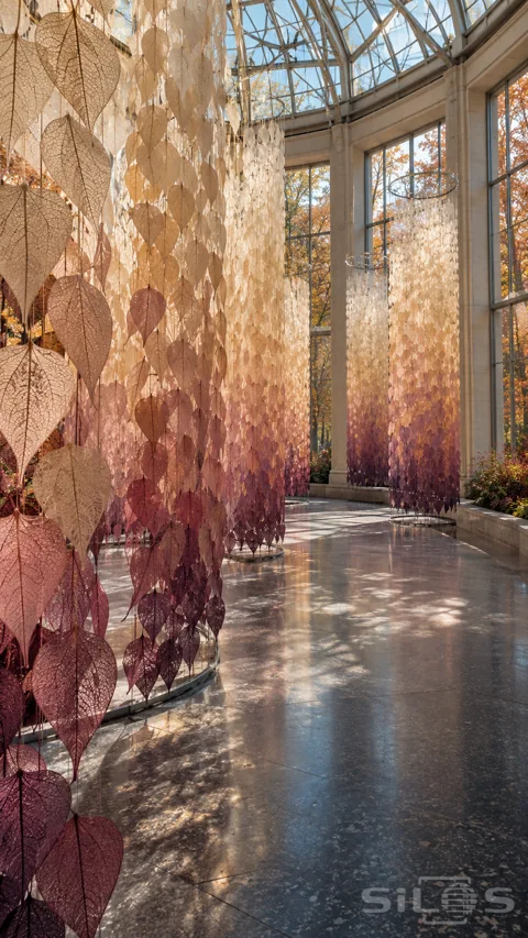 Tall curtains of translucent heart-shaped leaf skeletons fade from cream to plum beneath the glass roof of a sunlit garden hall.