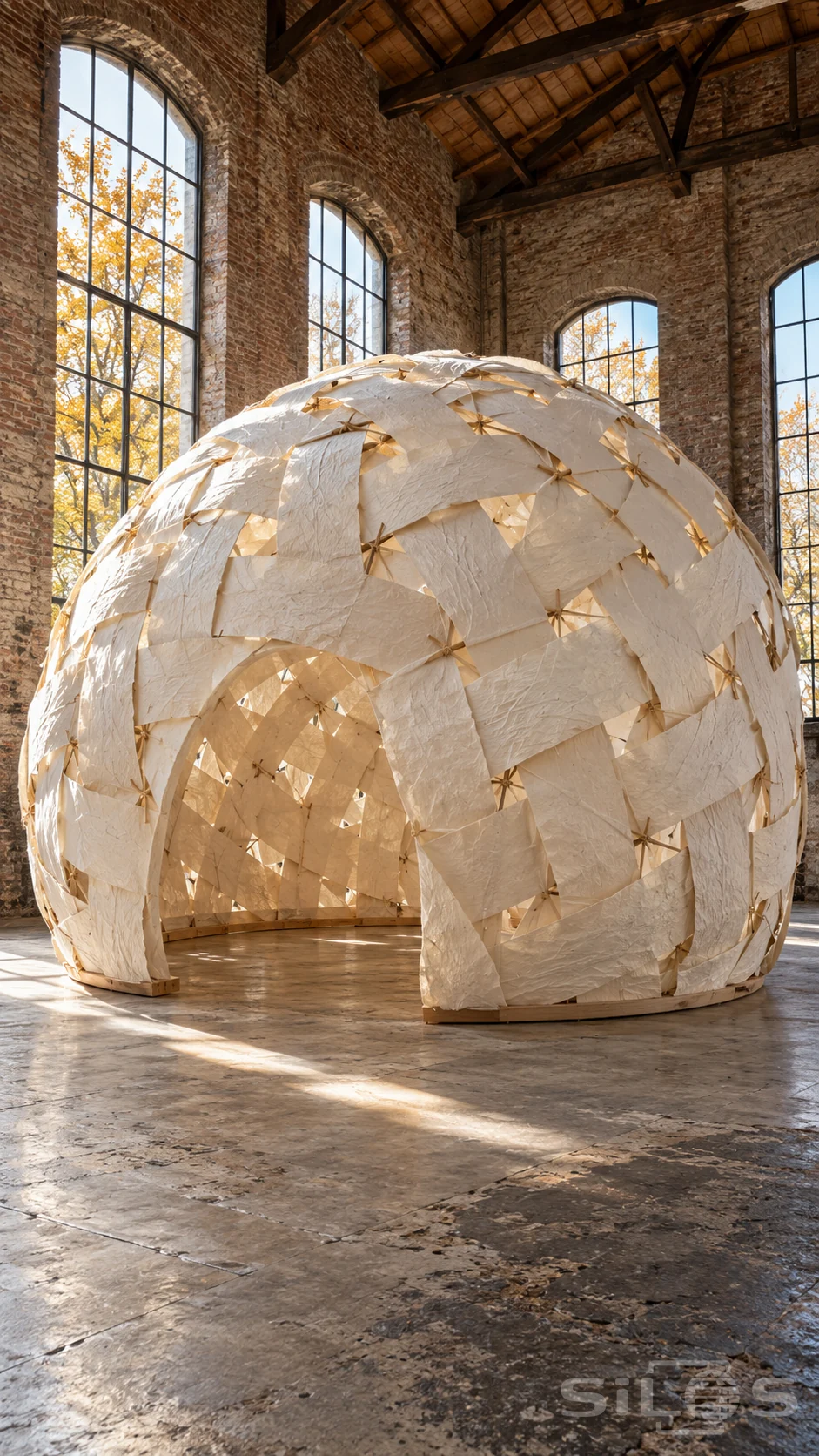 A rounded white paper pavilion with a broad open entrance stands inside a brick hall lit by tall autumn windows.