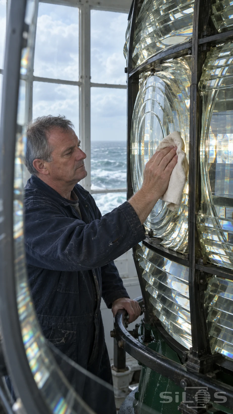 A keeper presses a cream polishing cloth to the circular glass rings of a lighthouse lens, with waves visible through the windows.