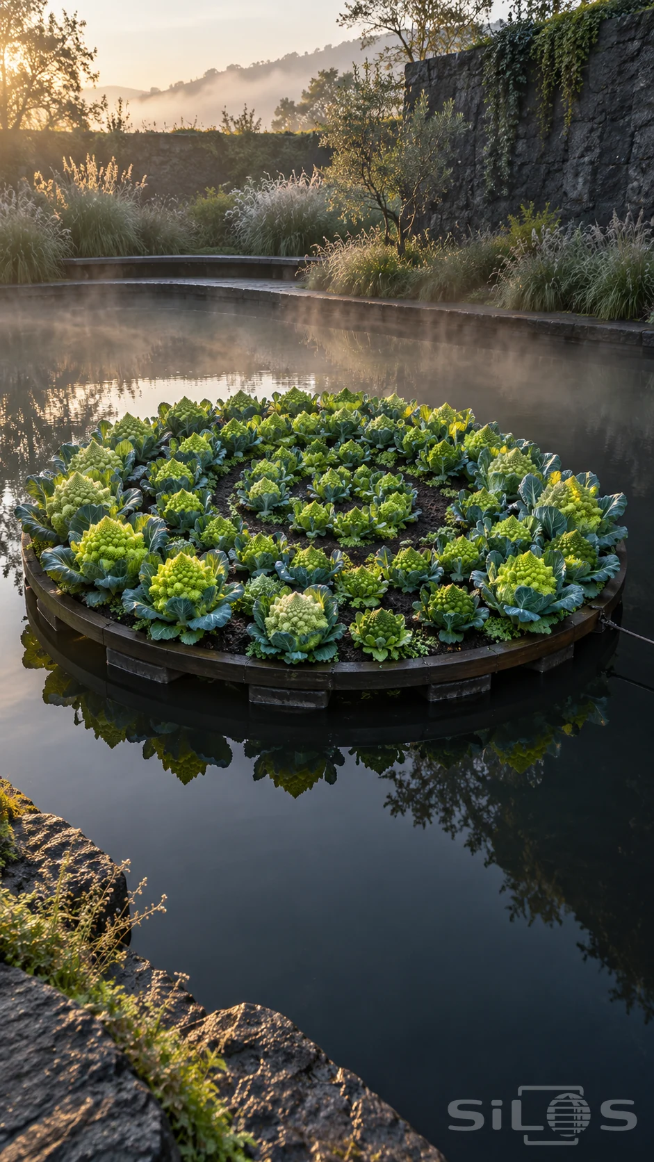A Romanesco island planted on a circular timber raft floats in a dark garden pool beneath pale grasses and soft morning mist.