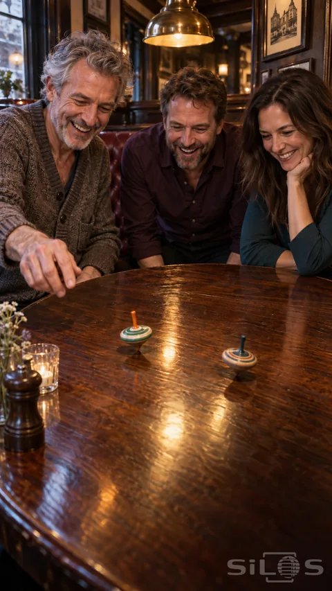Three adult friends laugh around two painted wooden tops spinning on a polished table.