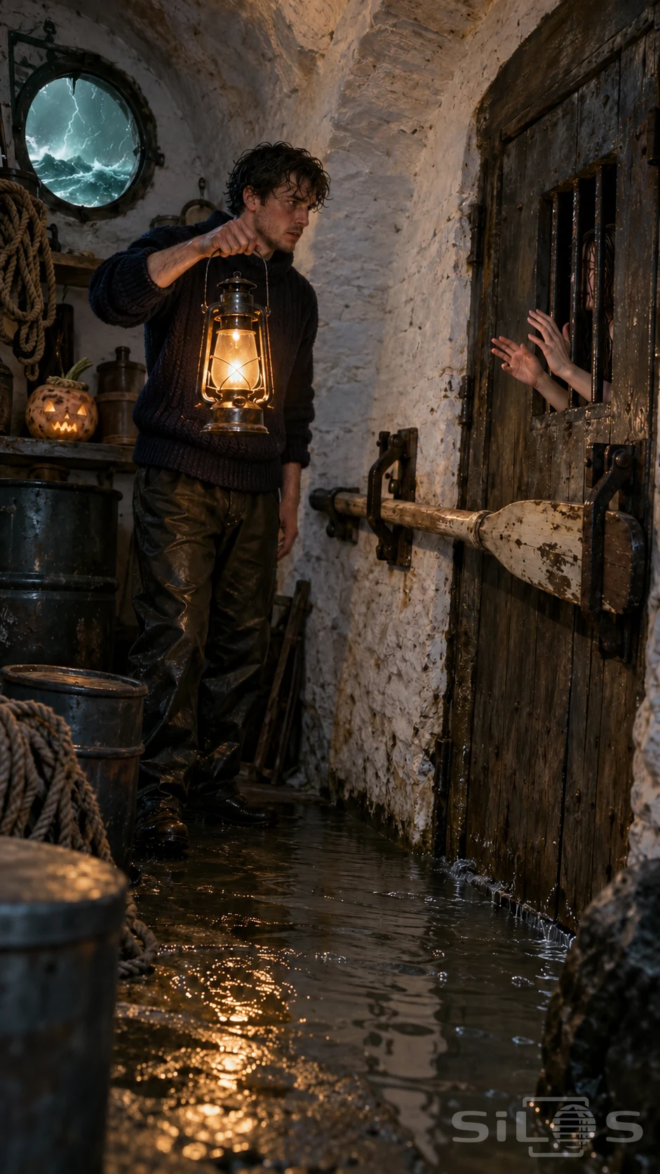 A keeper illuminates a barred wooden door braced with an oar while two hands reach out above pooling water.