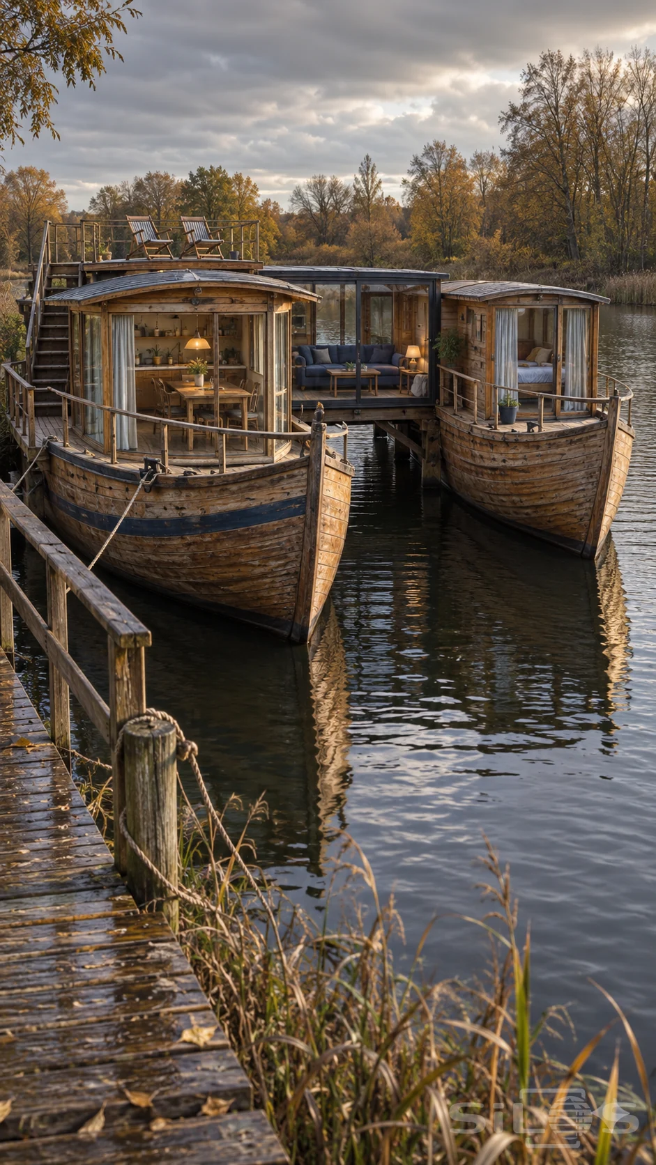 Two wooden boat hulls carry a dining cabin and bedroom linked by a glass sitting room above water beside an autumn riverbank.