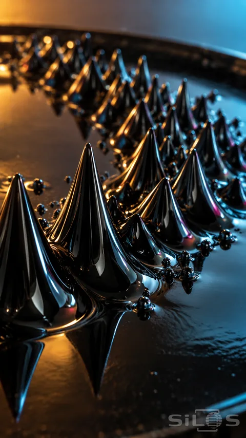 Ferrofluid spikes in a macro photograph with glossy black peaks; colored reflections and small droplets above a dark liquid surface.