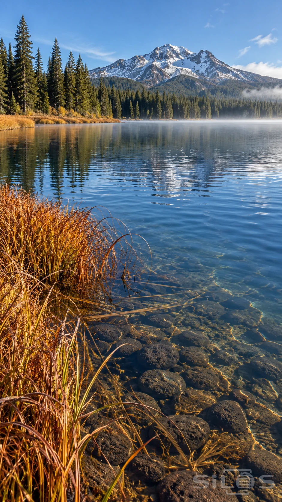 Volcanic lake reeds curve above submerged stones beneath blue water and a snowy mountain skyline.