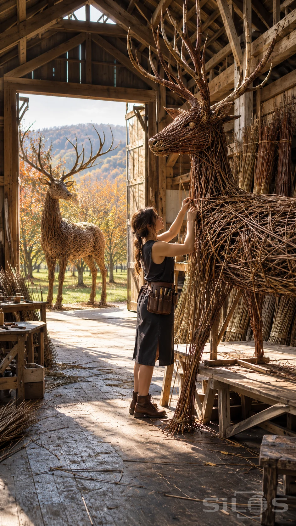 A woman weaves the neck of a huge willow stag in a timber barn, with another stag sculpture standing in the open doorway.