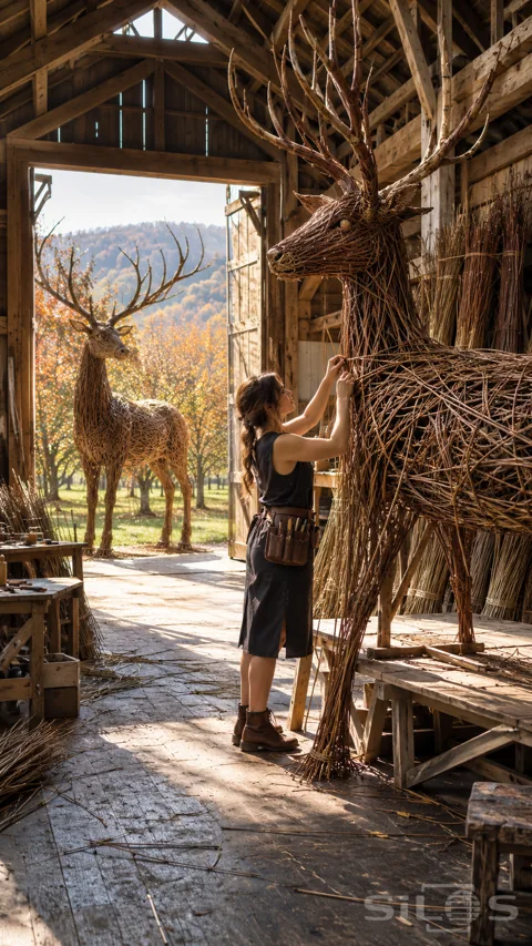 A woman weaves the neck of a huge willow stag in a timber barn; with another stag sculpture standing in the open doorway.
