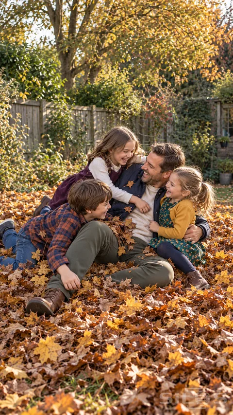 A laughing family dogpile in autumn leaves; with a son and two daughters leaning into their seated father beside a timber fence.